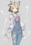  animal_ears bare_shoulders blonde_hair blue_eyes blue_overalls brown_hair casual cowboy_shot don3 extra_ears eyebrows_visible_through_hair floral_print frilled_shirt frills giraffe_ears giraffe_girl giraffe_horns giraffe_tail horns kemono_friends kemono_friends_3 long_sleeves multicolored_hair neck_ribbon off-shoulder_shirt off_shoulder official_alternate_costume overalls pinstripe_pattern pinstripe_shirt puffy_sleeves red_neckwear ribbon shirt short_hair sivatherium_(kemono_friends) sleeveless striped tail white_shirt 