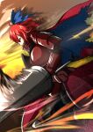  1girl alternate_costume armor blue_bow bow cape commentary_request hair_bow highres kanisawa_yuuki lance motion_blur polearm red_eyes redhead sekibanki shield short_hair shoulder_armor solo torn_cape torn_clothes touhou weapon 