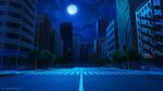  artist_name building city cityscape clouds commentary_request crosswalk dankalaning english_text full_moon highres lamppost moon moonlight night night_sky no_humans original plant road scenery sky star_(sky) tree 