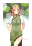  1girl bangs braid breasts china_dress chinese_clothes commentary covered_navel dated dress green_eyes hand_on_hip hat highres hong_meiling large_breasts long_hair looking_at_viewer orange_hair parted_bangs short_sleeves side_slit smile solo star_(symbol) tmmksodm touhou twin_braids very_long_hair 