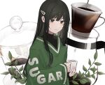  1girl blush closed_mouth clothes_writing coffee cropped cup english_text green_eyes green_hair hair_ornament hairclip highres holding holding_cup jar ktym_777 leaf long_hair long_sleeves mug original pink_lips pouring solo sugar_(food) sugar_cube turtleneck water_drop wide_sleeves 