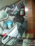  autobot cosmikaizer english_commentary english_text fire_extinguisher headlight highres holding jazz_(transformers) leaning_back mecha meme no_humans parody photo_background projected_inset standing transformers visor what wheel 