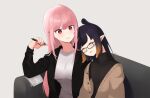  2girls black_nails blush cardigan closed_eyes couch glasses head_on_another&#039;s_shoulder hololive hololive_english long_hair mori_calliope multiple_girls ninomae_ina&#039;nis pink_hair pointy_ears sitting sleeping taletoki tentacle_hair 