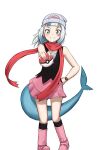  1girl absurdres beanie boots cosplay dawn_(pokemon)_(cosplay) fish_tail gawr_gura hat highres hikari_(pokemon) hololive hololive_english long_hair poke_ball pokemon pokemon_(game) pokemon_bdsp scarf shark_girl shark_tail simple_background skirt smile solo sseldne tail white_background 