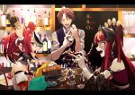  1boy 2girls absurdres alcohol animal_ears apex_legends bare_shoulders black_hair blue_eyes character_name closed_eyes collar commentary_request dice_hair_ornament hair_ornament hakos_baelz highres holding hololive hololive_english hololive_indonesia holostars indoors kureiji_ollie long_hair looking_at_another mole mole_under_eye mouse_ears mouse_girl mouse_tail multicolored_hair multiple_girls open_mouth orange_hair redhead spiked_collar spikes streaked_hair t-one tail teeth tongue white_hair yellow_eyes yukoku_roberu zombie 