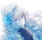  1girl bangs blood blue_eyes blue_flower blue_nails blue_rose blue_theme bonnet flower fork frills grey_hair holding holding_fork kashin_reina lace long_hair looking_at_viewer nail_polish original parted_lips portrait ringlets rose silver_hair simple_background solo white_background 