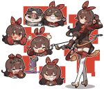  1boy 1girl =3 =_= amber_(genshin_impact) amonitto bangs blush bow_(weapon) brown_eyes brown_hair brown_shorts closed_eyes crossover cup facial_hair genshin_impact goggles goggles_around_neck grin hair_between_eyes hair_ribbon highres holding holding_bow_(weapon) holding_weapon hood hood_down index_finger_raised kurenai_no_buta long_hair long_sleeves mustache open_mouth porco_rosso_(character) red_ribbon ribbon shaded_face shorts shrug_(clothing) simple_background smile snout sweat tears thigh-highs vision_(genshin_impact) weapon 