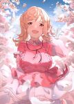 1girl :d absurdres bangs bird blonde_hair blue_sky breasts cherry_blossoms falling_petals feathers hair_tucking highres idolmaster idolmaster_shiny_colors large_breasts looking_afar petals pigeon pink_clothes pink_sweater puni_(punycolors) sakuragi_mano sky smile solo sweater swept_bangs 