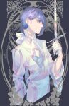  1boy ascot blue_eyes blue_hair earrings epel_felmier grey_background hair_over_one_eye highres holding holding_sword holding_weapon jewelry kuroha_dayo medium_hair shirt simple_background solo stud_earrings sword twisted_wonderland upper_body weapon white_neckwear white_shirt 