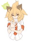  1girl animal_ear_fluff animal_ears blonde_hair breast_pocket breasts commentary_request cropped_torso eyebrows_visible_through_hair fur_collar hair_between_eyes hand_on_own_wrist kemono_friends lion_(kemono_friends) lion_ears logo long_hair looking_at_viewer medium_breasts necktie plaid_necktie pocket red_necktie ryo_(tg290) shirt short_sleeves simple_background sleeve_cuffs solo upper_body white_background white_shirt 