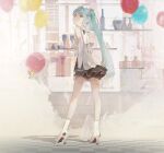 1girl absurdres aqua_eyes aqua_hair balloon bottle detached_sleeves euroroyan from_behind hatsune_miku high_heels highres holding holding_tray long_hair looking_back miniskirt skirt sleeveless solo tray twintails vocaloid 