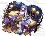  1girl bangs bare_shoulders black_legwear blush breasts dress food ganyu_(genshin_impact) genshin_impact gloves golden_shrimp_balls_(genshin_impact) hair_cones hair_ornament highres keqing_(genshin_impact) lalazyt long_hair looking_at_viewer medium_breasts pantyhose purple_dress purple_gloves purple_hair sitting slime_(genshin_impact) stuffed_toy swept_bangs twintails violet_eyes 