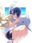  1girl air_bubble bare_legs black_shorts bubble closed_mouth commentary_request crying dark_blue_hair dolphin feet_out_of_frame highres jacket misakino_kukuru open_clothes open_jacket promotional_art sandals shiroi_suna_no_aquatope shirt short_hair short_sleeves shorts solo tears u35 underwater white_shirt 
