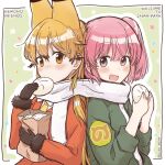  2girls animal_ears bag baozi blush bow bowtie brown_fur brown_gloves brown_hair da_(bobafett) eating extra_ears eyebrows_visible_through_hair ezo_red_fox_(kemono_friends) food fox_ears fox_girl fur_trim gloves green_jacket jacket japari_symbol kemono_friends long_hair long_sleeves looking_at_viewer multiple_girls nana_(kemono_friends) necktie orange_eyes orange_hair orange_jacket orange_necktie paper_bag pink_eyes pink_hair scarf shared_scarf short_hair side_ponytail white_bow white_bowtie white_scarf 