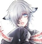 1boy animal_ears blue_eyes blurry collar depth_of_field fangs glowing_petals grey_hair hair_over_one_eye holding kashin_reina long_hair looking_at_viewer male_focus ofuda one_eye_covered open_mouth original petals portrait short_hair simple_background sleeves_past_fingers sleeves_past_wrists solo talisman tiger_ears white_background 