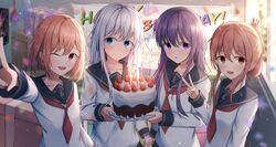  4girls absurdres akatsuki_(kancolle) birthday birthday_cake black_serafuku black_skirt blue_eyes blush brown_eyes brown_hair cake candle closed_mouth dfd english_commentary english_text eyebrows_visible_through_hair folded_ponytail food fruit gift hibiki_(kancolle) highres holding ikazuchi_(kancolle) inazuma_(kancolle) kantai_collection long_hair long_sleeves looking_at_viewer multiple_girls necktie one_eye_closed open_mouth plate pleated_skirt purple_hair red_necktie school_uniform serafuku shirt short_hair silver_hair skirt smile strawberry uniform upper_body v violet_eyes white_shirt 