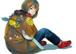  1girl absurdres bob_cut brown_hair button_eyes coat denim from_behind gloves hand_on_own_shoulder high_tops highres hood hood_down jeans junjunforever looking_at_viewer looking_back multicolored_hair orange_eyes original pants shoes short_hair sitting sneakers solo white_background 