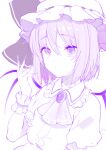  1girl ascot azuse_neko bangs bow closed_mouth commentary_request fingernails frills hair_between_eyes hat hat_bow long_fingernails mob_cap monochrome purple_theme remilia_scarlet short_hair short_sleeves simple_background sketch solo touhou upper_body wings 