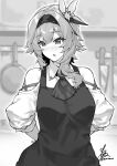  1girl absurdres alternate_costume apron arms_behind_back artist_name ascot bangs bare_shoulders black_apron blurry blurry_background blush breasts commentary_request eula_(genshin_impact) eyebrows_visible_through_hair frying_pan genshin_impact greyscale hair_between_eyes hair_ornament hairband highres kimi_tsuru kitchen kitchen_knife large_breasts long_sleeves looking_down medium_breasts medium_hair monochrome open_mouth shirt signature solo twitter_username tying_apron 