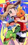 1girl bare_arms bike_shorts bike_shorts_under_shorts blush bow_hairband brown_eyes brown_hair closed_mouth commentary_request eyelashes floating_hair hairband highres holding holding_pokemon legs_up looking_at_viewer may_(pokemon) mudkip outline pokemon pokemon_(creature) pokemon_(game) pokemon_oras red_hairband red_shirt shirt shoes shorts sleeveless sleeveless_shirt smile sparkle starter_pokemon_trio tonayon torchic treecko white_shorts yellow_footwear 