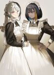  2girls apron arm_at_side bangs black_dress black_hair braid bright_pupils buttons collared_dress colored_inner_hair commentary_request commission dark-skinned_female dark_skin dress glasses grey_hair grin hand_on_hip hat highres long_sleeves looking_at_viewer maid maid_apron maid_headdress meido-fuku_ga_mitai mob_cap multicolored_hair multiple_girls open_mouth original own_hands_together parted_lips red_eyes round_eyewear scar scar_on_neck short_hair sidelocks skeb_commission sleeves_pushed_up smile standing streaked_hair teeth white_pupils yellow_eyes 
