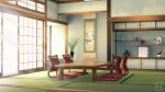  artist_name commentary_request eru_(erutwd) flower highres no_humans original painting_(object) plant plate scenery seat shelf sunlight table tatami teapot vase 