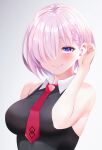  1girl bangs bare_shoulders black_dress blush breasts dress fate/grand_order fate_(series) hair_over_one_eye highres large_breasts light_purple_hair looking_at_viewer mash_kyrielight necktie sabi_(rupf2384) short_hair smile solo violet_eyes 