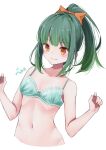  1girl absurdres bra breasts cropped_torso green_bra green_hair haggy highres kantai_collection long_hair navel one-hour_drawing_challenge orange_eyes ponytail simple_background small_breasts solo underwear underwear_only upper_body white_background yuubari_(kancolle) 