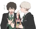  2boys albus_severus_potter black_hair black_robe blonde_hair blue_eyes candy disgust eating food frown green_eyes harry_potter_(series) harry_potter_and_the_cursed_child hogwarts_school_uniform jelly_bean multiple_boys necktie school_uniform scorpius_malfoy short_hair slytherin striped_necktie sweater 