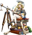  1girl :d asymmetrical_hair black_footwear blonde_hair crossed_legs detached_collar full_body green_eyes hat highres holding langrisser langrisser_iv long_hair long_sleeves looking_at_viewer miniskirt monocle necktie official_art orange_necktie orange_skirt pleated_skirt rachel_(langrisser) shiny shiny_clothes shiny_legwear short_necktie sitting skirt smile solo telescope thigh-highs transparent_background very_long_hair white_headwear white_legwear wide_sleeves zettai_ryouiki 