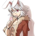  1girl :t animal_ears bangs belt_collar bracelet breasts candy coat collar commentary_request eating eyebrows_visible_through_hair fake_animal_ears fishnet_top fishnets food fur-trimmed_coat fur_trim grey_headwear holding holding_food jewelry lollipop looking_at_viewer medium_breasts natsuya_(kuttuki) pince-nez pink_eyes rabbit_ears ragnarok_online raised_eyebrow red_coat rogue_(ragnarok_online) round_eyewear shadow short_hair simple_background solo spiked_bracelet spikes upper_body white_background 
