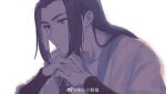  1boy bean_mr12 black_hair expressionless hands_up highres long_hair simple_background solo the_legend_of_luo_xiaohei upper_body weibo_username white_background wuxian_(the_legend_of_luoxiaohei) 