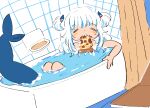  1girl bangs bathing bathtub blue_hair closed_eyes curtains fish_tail food gawr_gura henemimi hololive hololive_english holomyth mouth_hold multicolored_hair partially_submerged pizza shark_tail solo streaked_hair tail virtual_youtuber water white_hair 