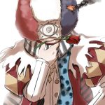  1boy afro argyle argyle_coat black_scarf blue_hair blue_scarf closed_mouth coat commentary_request eye_print fire flower flower_in_mouth hand_on_own_chin juliet_sleeves long_sleeves looking_at_viewer male_focus mask masked minstrel_(ragnarok_online) multicolored_hair natsuya_(kuttuki) polka_dot polka_dot_scarf puffy_sleeves ragnarok_online red_coat red_flower red_scarf redhead rose scarf shirt simple_background smile smoke solo striped striped_scarf upper_body white_background white_hair white_scarf white_shirt 