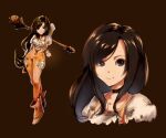  1girl black_hair bodysuit breasts brown_eyes choker closed_mouth final_fantasy final_fantasy_ix garigarigurry garnet_til_alexandros_xvii highres jewelry long_hair looking_at_viewer necklace orange_bodysuit simple_background smile solo 