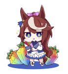  +_+ 1girl animal_ears ascot blue_eyes blue_gloves blush boots brown_hair chibi colored_shadow commentary_request epaulettes full_body gloves hair_ribbon hitomiz horse_ears horse_girl horse_tail jacket long_sleeves looking_at_viewer multicolored_hair parted_lips pink_neckwear pink_ribbon pleated_skirt ponytail ribbon shadow single_epaulette skirt smile solo sparkle standing streaked_hair tail tokai_teio_(umamusume) umamusume white_background white_footwear white_gloves white_jacket white_skirt 