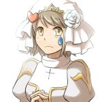  1girl alternate_color bangs breasts bridal_veil brown_eyes brown_hair closed_mouth commentary_request cross dress eyebrows_visible_through_hair flower grey_dress heart high_priest_(ragnarok_online) interlocked_fingers juliet_sleeves long_sleeves looking_at_viewer medium_breasts natsuya_(kuttuki) own_hands_together puffy_sleeves ragnarok_online short_hair simple_background solo teardrop two-tone_dress upper_body veil white_background white_dress white_flower 