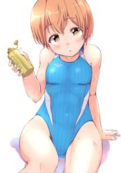  1girl absurdres blue_swimsuit commentary_request competition_swimsuit cowboy_shot highres hoshizora_rin looking_at_viewer love_live! love_live!_school_idol_project one-piece_swimsuit orange_eyes orange_hair sen_(sen0910) short_hair simple_background sitting solo swimsuit white_background 