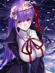  1girl bangs bb_(fate) bb_(fate)_(all) bb_(fate/extra) bb_(fate/extra_ccc) black_coat branch breasts cherry_blossoms coat collared_shirt commentary_request fate/extra fate/extra_ccc fate/grand_order fate_(series) flower hair_between_eyes hair_ribbon high_collar large_breasts long_hair long_sleeves looking_at_viewer mine_suto_rongu neck_ribbon on_liquid petals pink_flower purple_hair red_neckwear red_ribbon ribbon shirt sitting solo violet_eyes water white_shirt 