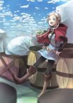  1girl ahoge bangs barrel blue_eyes boots braid breasts capelet cargo clouds cloudy_sky day fire_emblem fire_emblem_fates full_body hairband harness highres kedama_mosamosa long_hair looking_at_viewer medium_breasts nina_(fire_emblem) open_mouth outdoors sky twin_braids white_hair 