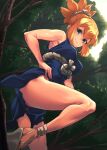  1girl bangs bare_legs blonde_hair blue_dress blue_eyes breasts closed_mouth day dr._stone dress eyebrows_visible_through_hair forest from_below hair_between_eyes highres kohaku_(dr._stone) long_hair medium_breasts mikel_(4hands) nature shiny shiny_hair short_dress sleeveless sleeveless_dress smile solo tied_hair 