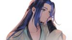  1boy aqua_eyes bean_mr12 blue_hair expressionless hand_up long_hair simple_background solo the_legend_of_luo_xiaohei upper_body web_address white_background wuxian_(the_legend_of_luoxiaohei) 