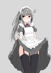  1girl absurdres alternate_costume apron black_dress black_legwear brown_eyes clothes_lift cowboy_shot dress dress_lift enmaided frilled_apron frills garter_straps grey_background grey_hair highres kantai_collection kasumi_(kancolle) long_hair maid maid_headdress puffy_sleeves short_sleeves side_ponytail simple_background solo terry311_or_perry_taisa white_apron 