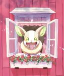  commentary_request curtains fangs flower flower_bed glass green_eyes looking_at_viewer nako_(nekono_shippo75) no_humans open_mouth pokemon pokemon_(creature) red_flower solo tongue tongue_out window yamper 