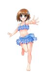  1girl barefoot bikini blue_bikini blue_eyes brown_hair frilled_bikini frills hair_ornament highres leg_up looking_at_viewer lyrical_nanoha mahou_shoujo_lyrical_nanoha mahou_shoujo_lyrical_nanoha_a&#039;s navel open_mouth reaching_out short_hair simple_background smile solo standing standing_on_one_leg swimsuit white_background x_hair_ornament yagami_hayate yorousa_(yoroiusagi) 