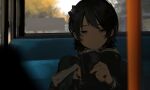  1girl absurdres black_hair blurry blurry_foreground book bow bus_interior closed_mouth day green_eyes hair_bow hand_up highres holding holding_book long_sleeves original reading short_hair solo suiso_(owp) upper_body 
