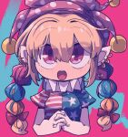  1girl american_flag_dress awa_(bihidasu) blonde_hair blue_hair bow braid breasts buck_teeth clownpiece ear_piercing earrings eyes_visible_through_hair hair_between_eyes hair_bow hat highres interlocked_fingers jester_cap jewelry looking_at_viewer multicolored_hair neck_ruff open_mouth piercing pink_background pointy_ears polka_dot red_background red_bow red_eyes redhead simple_background small_breasts solo star_(symbol) star_print striped teeth touhou twin_braids upper_body 