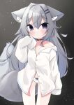  1girl animal_ear_fluff animal_ears bangs bare_shoulders black_choker bow bow_panties choker collarbone collared_shirt dress_shirt eyebrows_visible_through_hair fox_ears fox_girl fox_tail grey_eyes grey_hair hair_between_eyes hair_intakes hair_ornament hairclip hand_up highres long_hair long_sleeves looking_at_viewer minato_yu_(0514) navel no_pants original panties shirt sleeves_past_fingers sleeves_past_wrists solo standing tail underwear very_long_hair white_panties white_shirt 