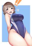  ! !! 1girl absurdres amagi_(volfuji) arms_behind_back blue_background blue_eyes blue_swimsuit breasts competition_swimsuit cowboy_shot eyebrows_visible_through_hair from_below grey_hair hair_between_eyes highres looking_at_viewer looking_down love_live! love_live!_sunshine!! medium_breasts one-piece_swimsuit open_mouth short_hair solo surprised swimsuit two-tone_background watanabe_you white_background 
