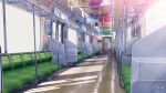  artist_name board commentary_request door eru_(erutwd) ground_vehicle highres no_humans original reflective_floor scenery seat shade sunlight train train_interior window 